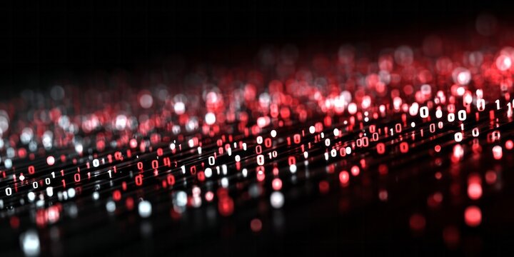 Glowing streams of binary code flow across a dark, abstract digital landscape