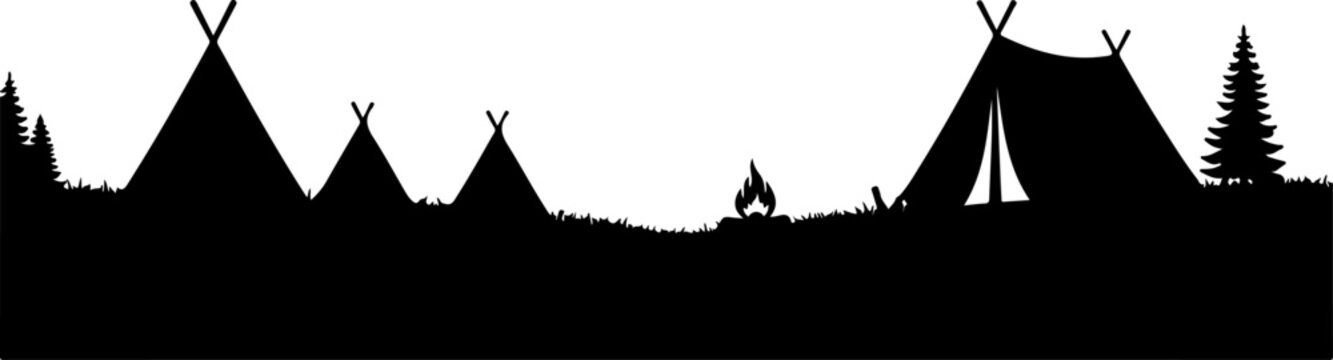 Black silhouette, teepee village, camping icons, vector landscape