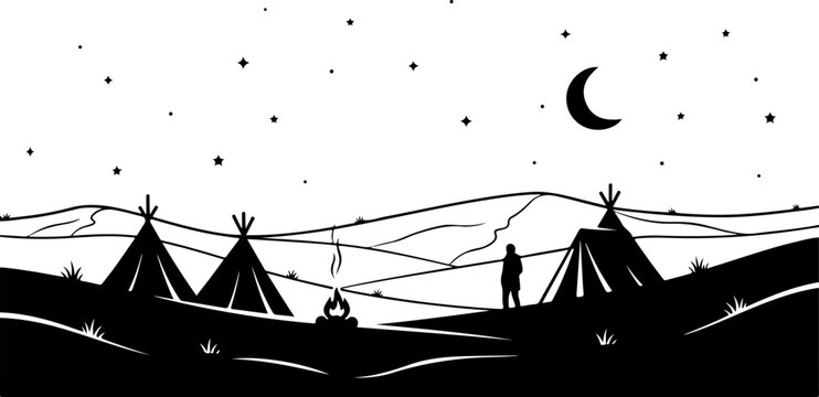 Native American, black silhouette, vector illustration, night landscape, teepee village