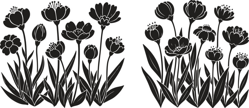 Hand drawn tulips floral pattern black and white illustration