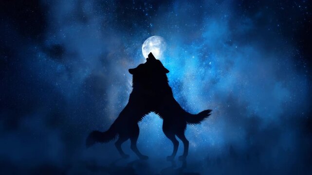 Silhouette of a wolf in dramatic tango dip on moonlit cosmic nebula backdrop, deep cobalt to silver glow, refined contour