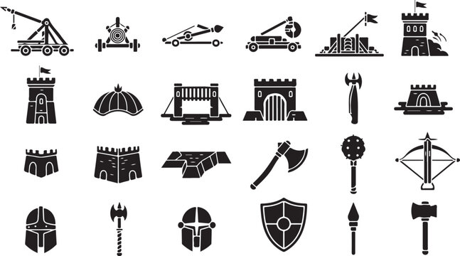 Medieval castle siege weapons and defensive symbols icon set