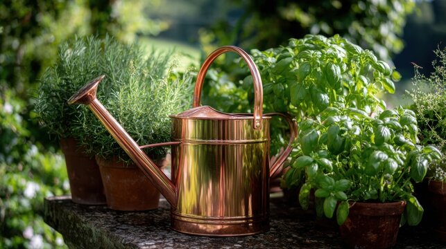 Gleaming copper watering can rests beside lush green potted plants in a vibrant garden setting, perfect for plant care and aesthetic appeal.
