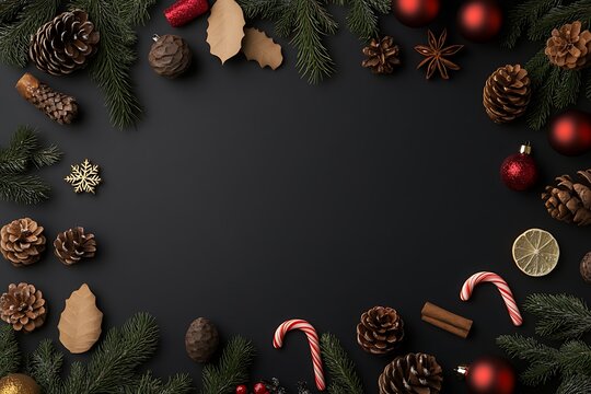 Festive christmas border with pinecones, ornaments, and candy canes on black Image