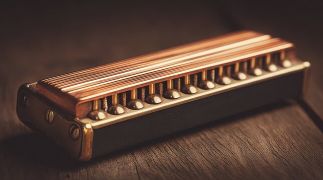 Detailed close-up of a vintage brass harmonica resting on a textured wooden surface, showcasing its metallic reeds and craftsmanship.