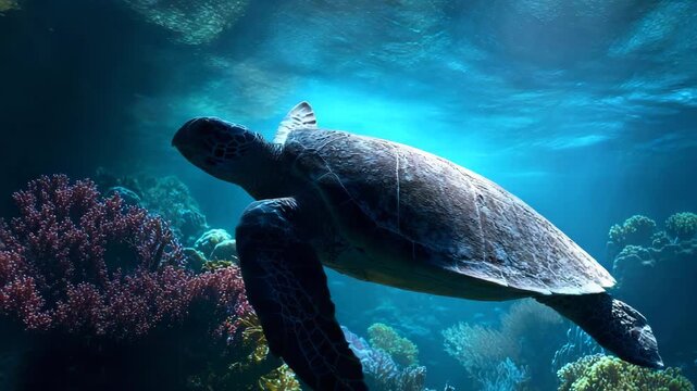 Silhouette of a turtle slow groove step across aqua coral reef neon mimic, tropical prism waves and steady light focus