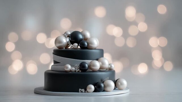 Sleek monochrome black and pearl cake with metallic silver ribbon, smooth fondant finish, dreamy bokeh orbs, high key lighting, minimal styling