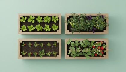Naklejka premium Seedlings In Four Containers, Neatly Organized Seedlings In Four Planters On Balcony, Top View Showcasing Four Orderly Planter Boxes With Earlystage Seedlings In Bright Indoor Setting