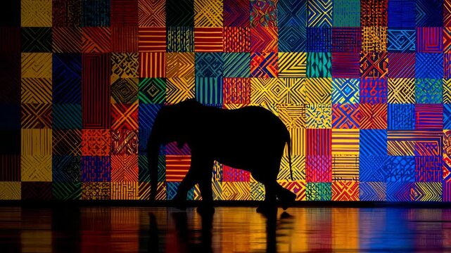 Silhouette of an elephant performing graceful slow twirl on vivid geometric mosaic backdrop, saturated jewel tones, clean defined outline