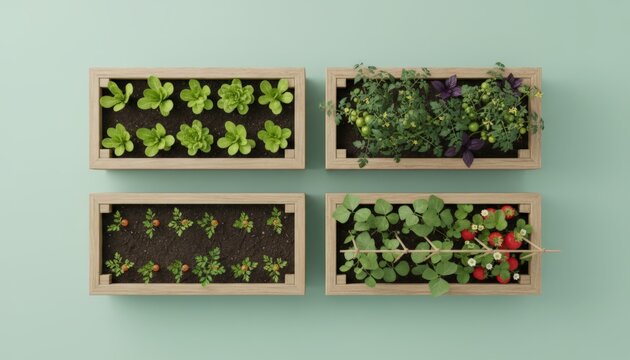 Seedlings In Four Containers, Neatly Organized Seedlings In Four Planters On Balcony, Top View Showcasing Four Orderly Planter Boxes With Earlystage Seedlings In Bright Indoor Setting
