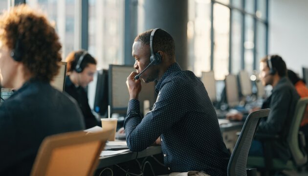 Medium shot of a call center support floor during daytime capturing an agent intently assisting clients via headset with surrounding agents and monitors blurred.