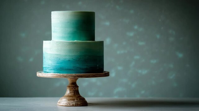 Teal and alabaster minimalist cake, brushed edges, delicate bokeh glint, luminous clarity, quiet contemporary styling