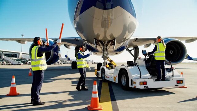 Ground crew workers guiding a large airplane on the tarmac with safety cones and hand signals during a video shoot.