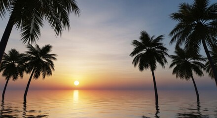 Obraz premium Serene tropical sunset with silhouetted palm trees standing in calm ocean waters under a vibrant colorful sky with hues of orange and blue