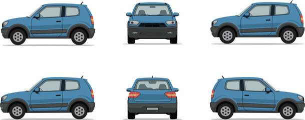 Blue compact SUV car vector set showing front side and back views for automotive design and transportation graphics. © mstlipibegum
