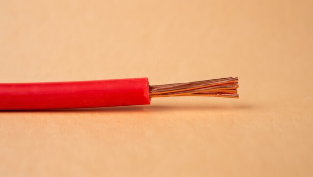 A simple, clean side-profile shot of a red electrical wire with its insulation carefully stripped back, showcasing the bright, twisted copper strands that serve as the conductor.
