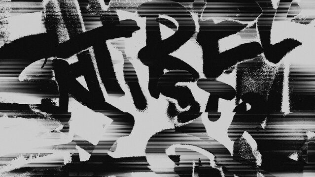 Black spray paint graffiti on gray wall with pixelated distortion and scanline artifacts. Digital grunge texture with noise interference for music video overlays and underground poster design.