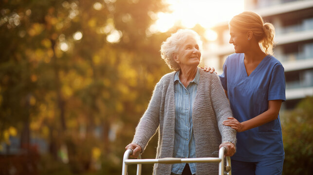 Elderly woman walking outdoors with a walker assisted by a female caregiver, showing support, mobility, and compassionate healthcare in a natural setting.