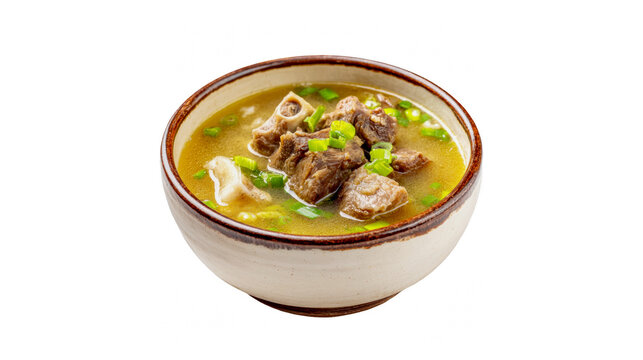 Hearty beef bone soup with tender meat pieces and chopped green onions in a rustic ceramic bowl