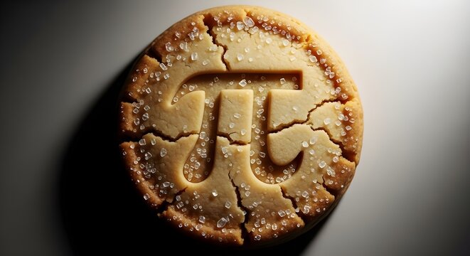 Pi symbol baked into a cookie or pie crust for pi day celebration or mathematical concept illustration
