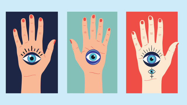 Three artistic hands in different skin tones each featuring a large detailed blue eye in the center of the palm against flat backgrounds.
