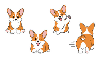 Obraz premium Four adorable welsh corgi puppies in different poses including sitting, waving, winking, and showing its back on a white background.