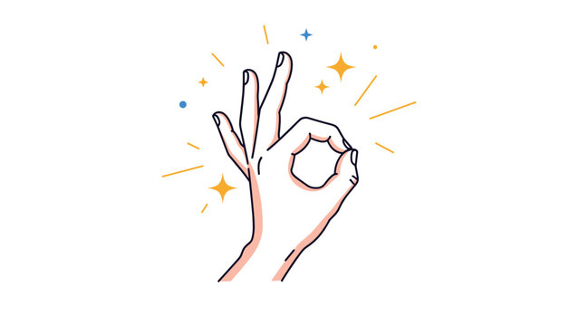 Human hand gesture showing the universal okay symbol surrounded by various decorative sparkles and lines on a clean white background.