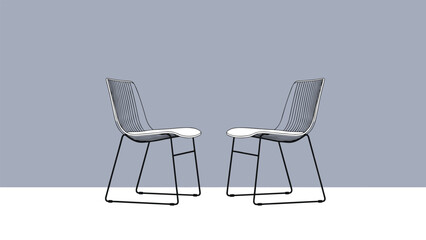 Fototapeta premium Pair of modern minimalist black wire chairs facing each other in a room against a soft grey and white wall background for a clean design.