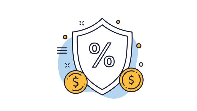 Financial security concept featuring a white shield with a black percent sign protected by two golden dollar coins on a blue background.