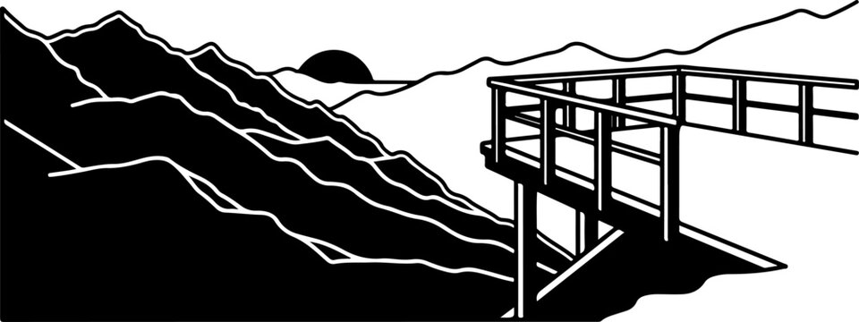 Black and white mountain landscape, wooden bridge, minimalist vector illustration, scenic view