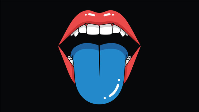 Open human mouth with bright red lips and sharp white fangs showing a long blue tongue on a solid black background.