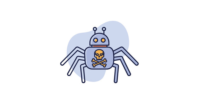 Cartoon illustration of a spider robot with a skull and crossbones symbol on its body representing a computer virus or malware.