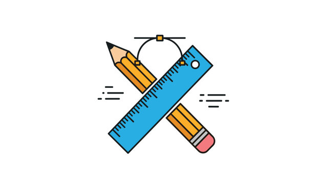 Crossed pencil and ruler with a vector path curve representing graphic design drafting and creative tools.