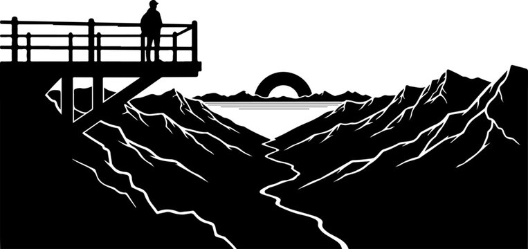 Black silhouette mountain landscape, person on bridge, sunset, vector illustration