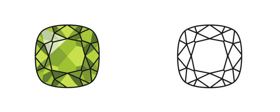 Peridot gemstone vector illustrations shown in colored cartoon and black outline linear styles, vibrant olive green and lime mineral tones, cushion cut faceted jewel on white background