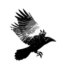 Fototapeta premium Silhouette of a Black Raven in Flight with Abstract White and Gray Wing Details on a Transparent Background