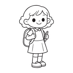 Obraz premium Cute Little School Girl With Backpack Holding Pencil Cartoon Vector Illustration Icon