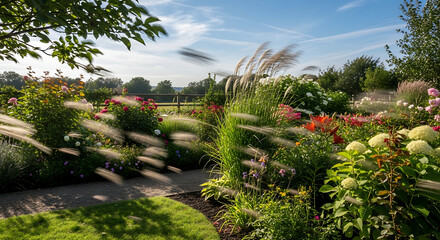 Obraz premium Sunlit Garden Path with Blooming Flowers and Blurred Grasses