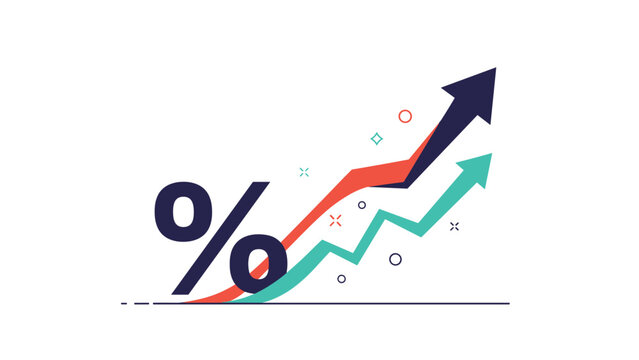 Infographic showing financial growth with two arrows pointing up and a large percentage symbol on a white background.