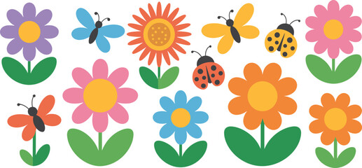 Flat vector illustration set of colorful spring flowers butterflies and ladybugs icons for garden nature design and kids education. © Shorif