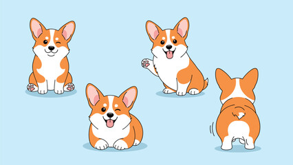 Fototapeta premium Adorable corgi dog shown in four different playful poses including sitting lying down waving a paw and a back view on a blue background.