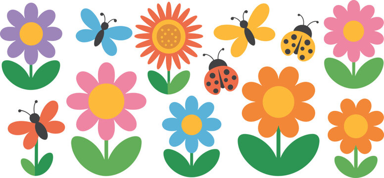 Flat vector illustration set of colorful spring flowers butterflies and ladybugs icons for garden nature design and kids education.