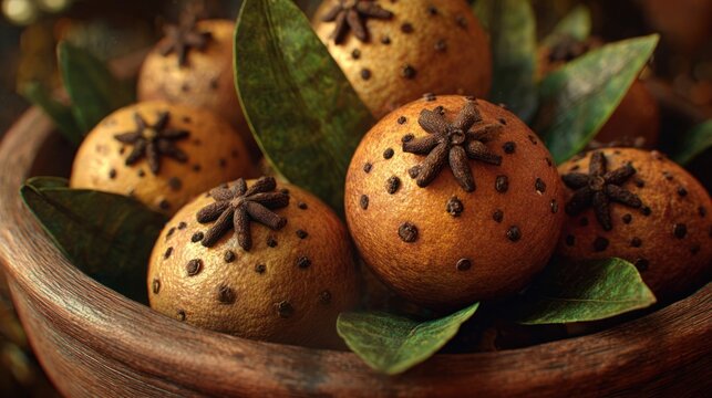 A close-up of several decorative, aromatic pomanders (oranges studded with cloves) displayed in a wooden bowl,
