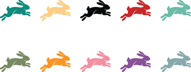 Fototapeta premium Jumping Rabbit Silhouette Colorful Collection on White Background, Dynamic Rabbit Silhouette Set Vibrant Colors