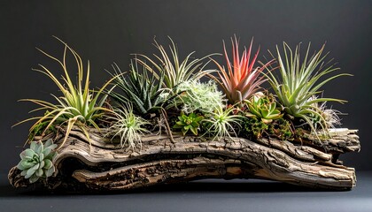 Naklejka premium Air plant arrangement on driftwood - a natural, minimalist home decor.