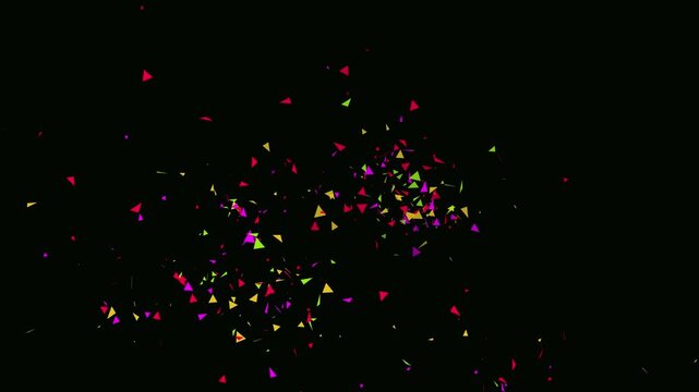 Confetti party popper explosion confetti blast realistic. Purple confetti isolated on black background. Anniversary celebration social media overlay. Fireworks confetti explodes animation.