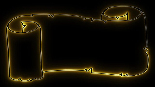 Neon scroll glow. Yellow parchment. Glowing outline. Magic scroll art. Fantasy ui frame. Antique neon sign. Medieval digital. Vibrant line art. Scroll animation. Retro future glow.
