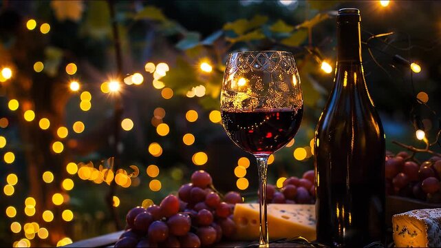 Romantic evening with red wine, grapes, and cheese al fresco under shimmering string lights, perfect for celebration or a cozy date.