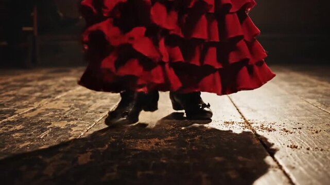 A flamenco dancer in a red dress performs passionately on stage during a video production.