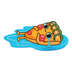 Fototapeta premium Pizza character, sad, crying, lying in a pool of tears, pizza man, modern mascot, colourful vector isolated